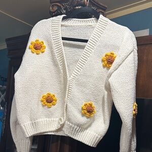 White Floral Knit Cardigan Sweater